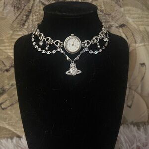Handmade Heart Watch Cascading Choker Necklace with Heart Planet Pendant